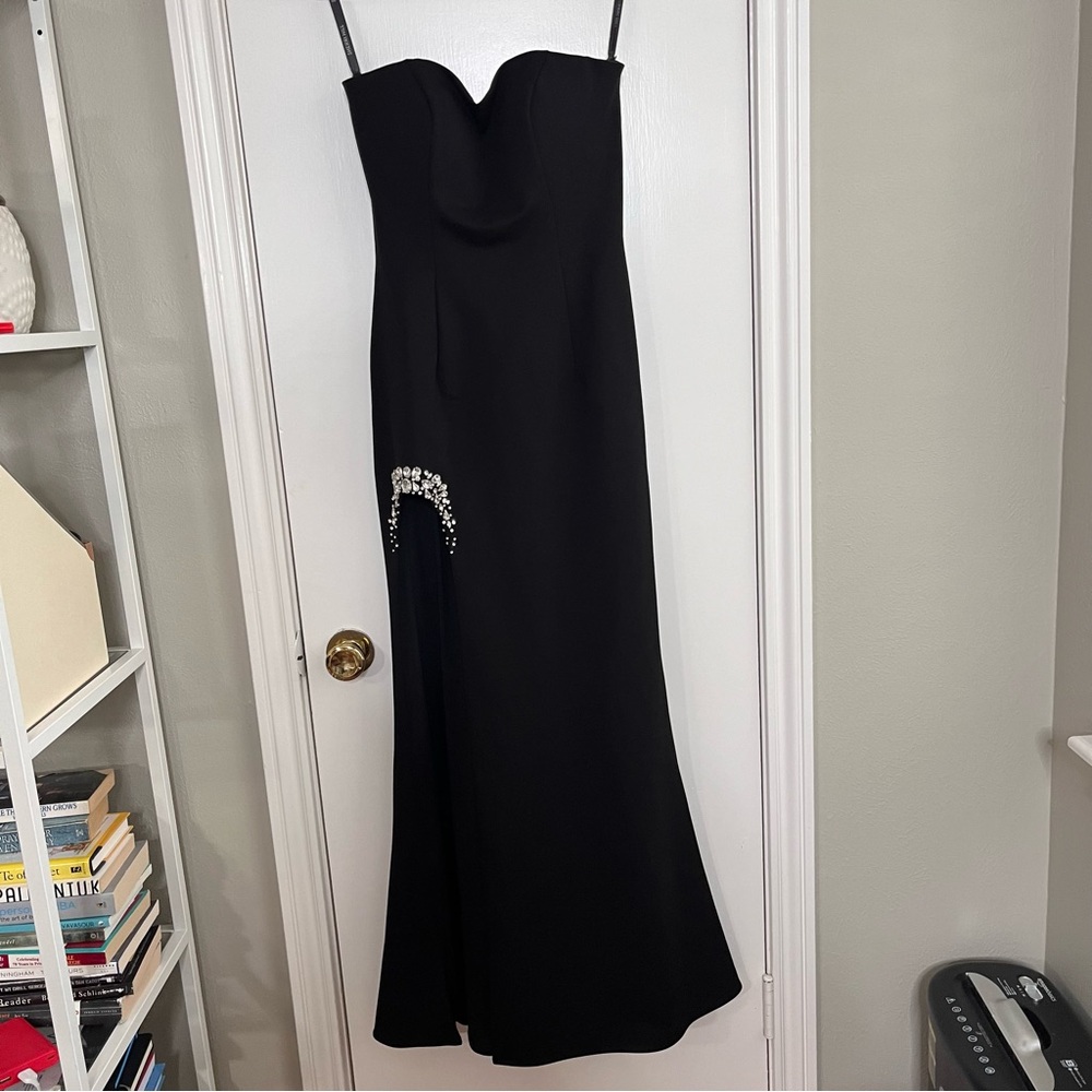 Sherri Hill 53332 Scuba‎ Dress Strapless Embellished High Rounded Slit SZ 4